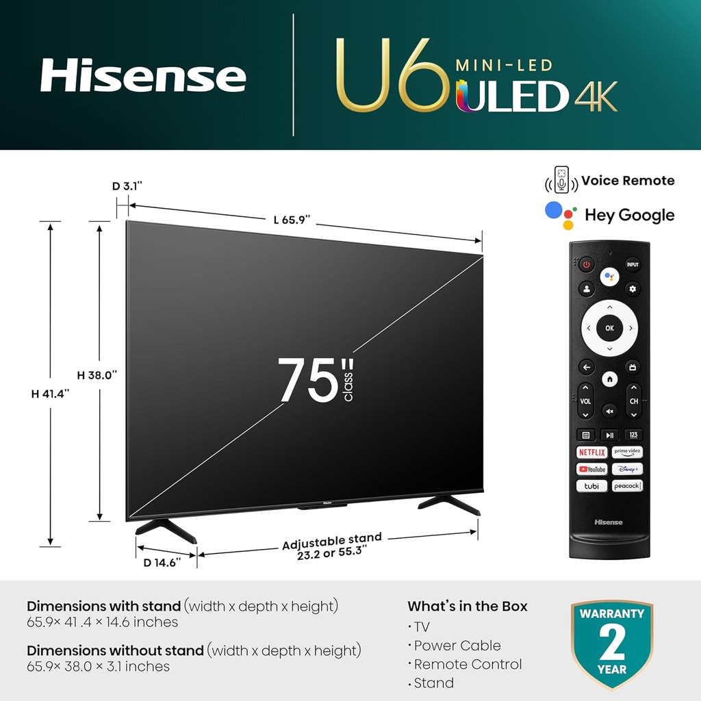 Hisense 75 Inch Class U6K Series Quantum ULED 4K UHD Smart TV | 75U6K