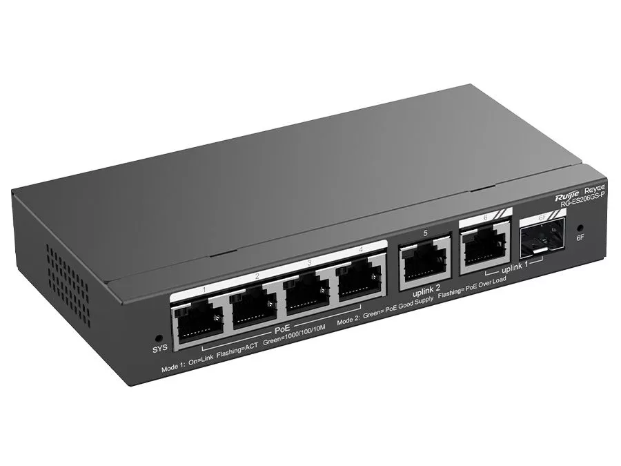Reyee 6 Port Gigabit with 4 PoE 54W 1SFP Combo Port Smart Managed Switch | RG-ES206GS-P