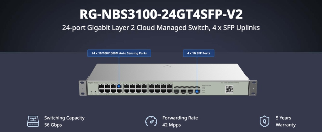 Reyee 24 Port Gigabit 4SFP Layer 2+ Smart Managed Switch | RG-NBS3100-24GT4SFP-V2