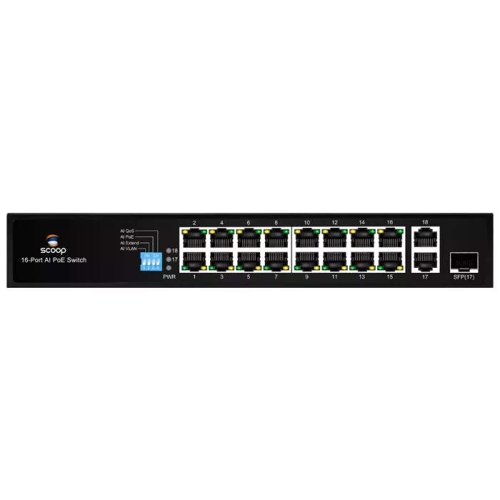 Scoop 16 Port Fast Ethernet AI PoE 150W 2 Gigabit 1SFP Switch