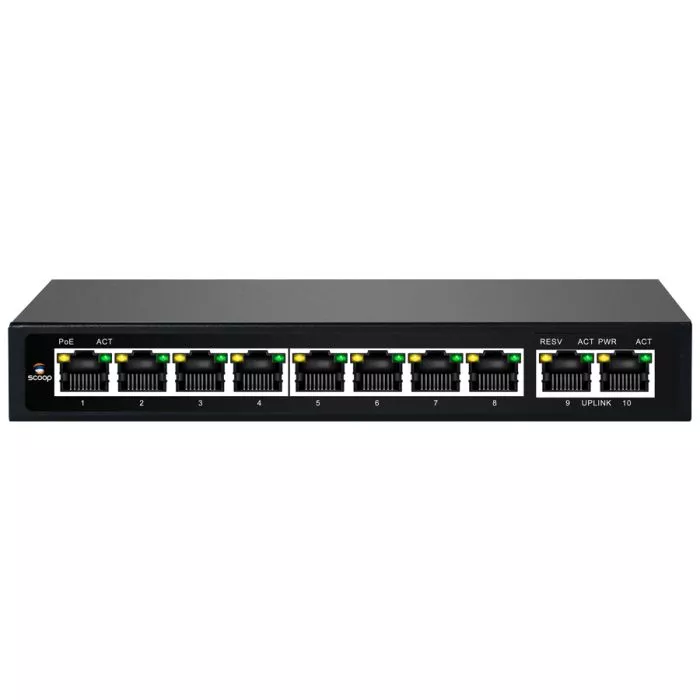 Scoop 8 Port Fast Ethernet AI PoE 96W 2 Gigabit Switch