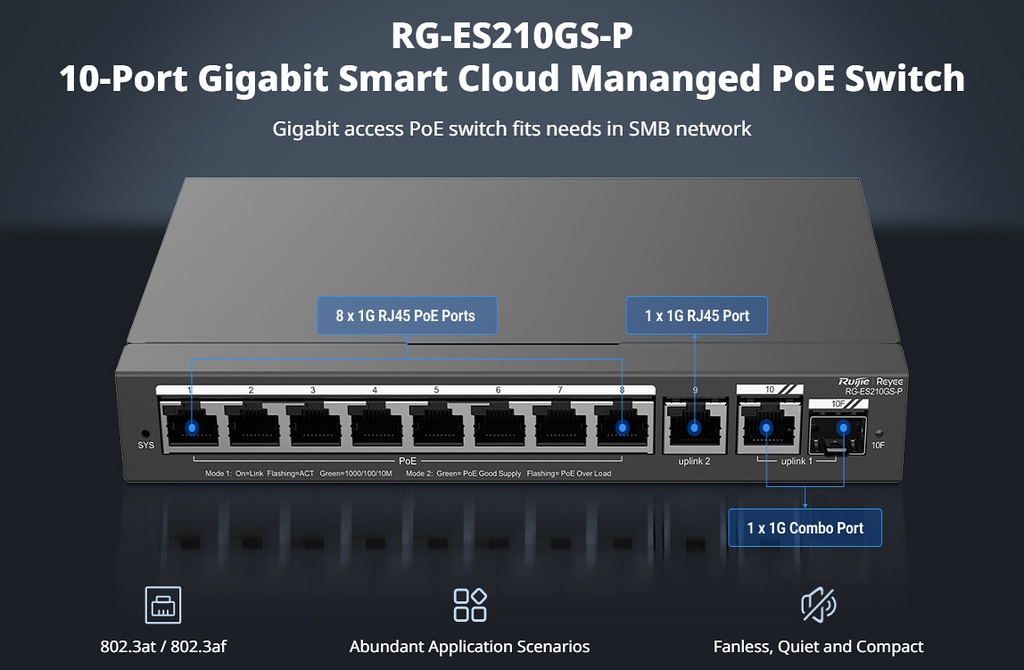 Reyee 10-Port Gigabit Smart Cloud Managed PoE Switch | RG-ES210GS-P