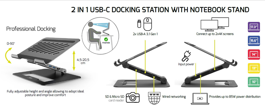 Port USB-C Docking Adjustable Notebook Stand