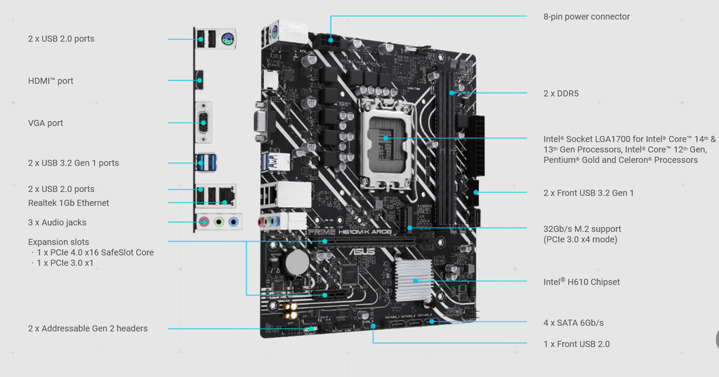 Asus H610 LGA1700 Micro-ATX 2X DDR5 Motherboard PRIME-H610M-K-ARGB 