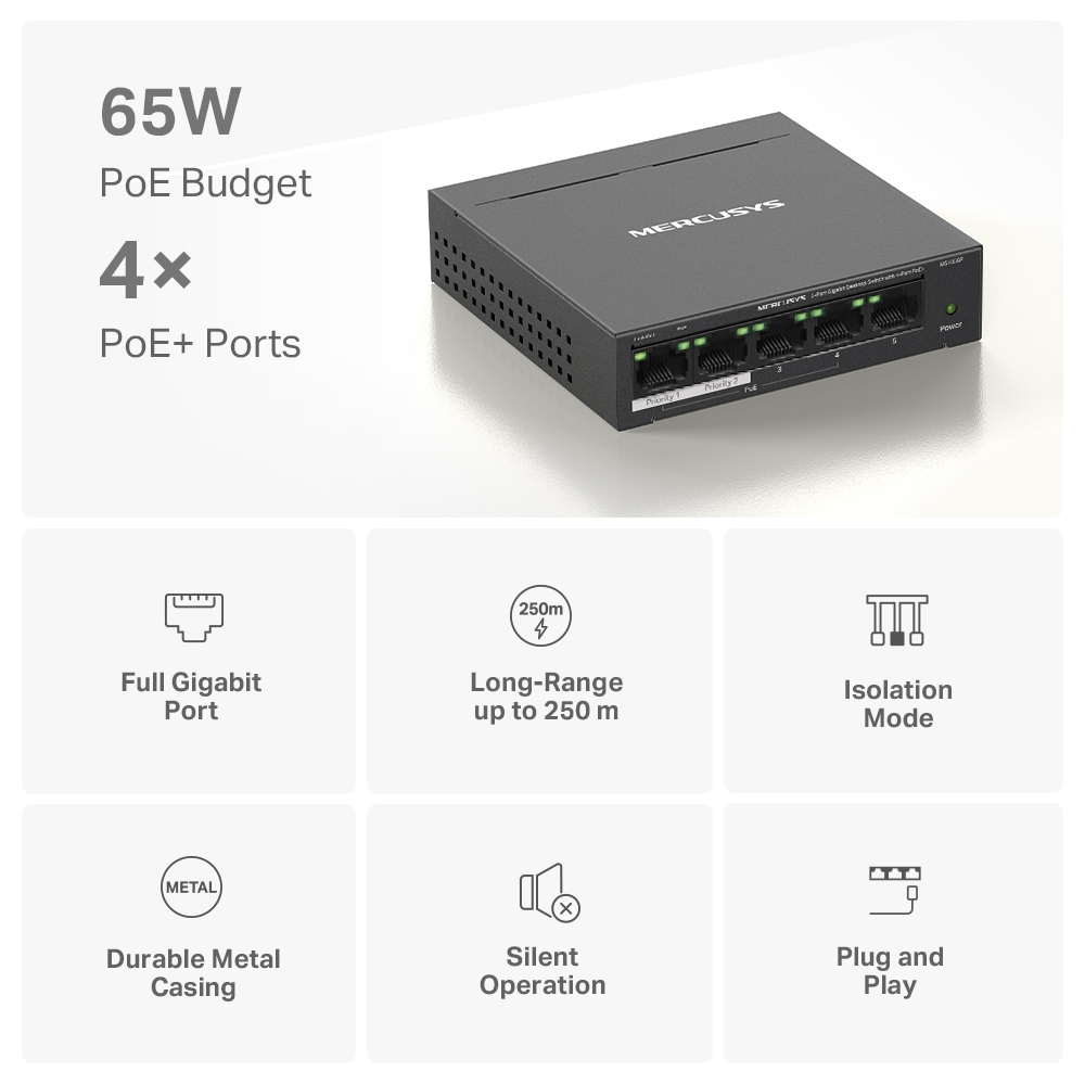 Mercusys 5 Port Gigabit Unmanaged Desktop POE Switch MS105GP