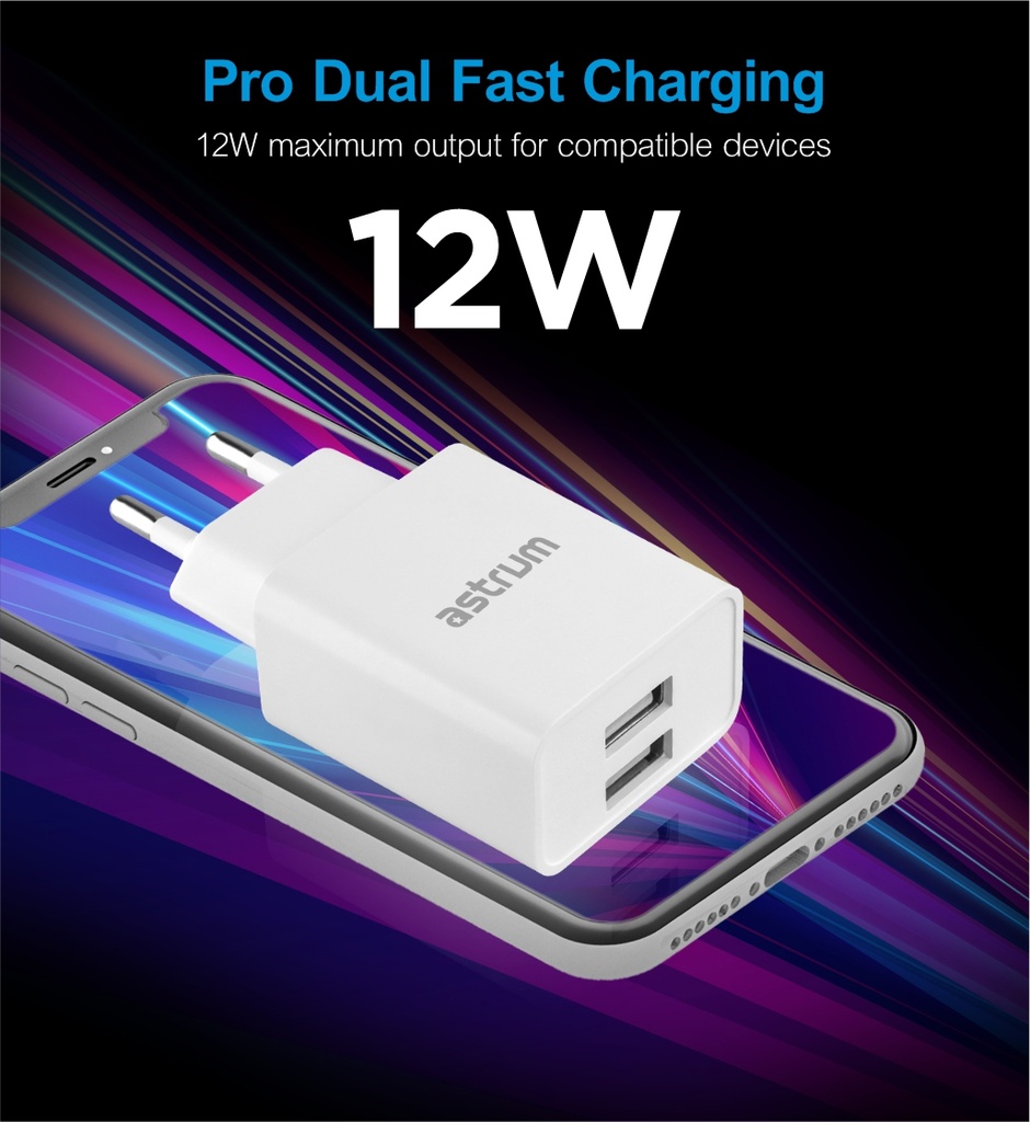 Astrum Pro Dual U24 12W Dual USB Travel Wall Charger + USB-C Cable DUAL U24