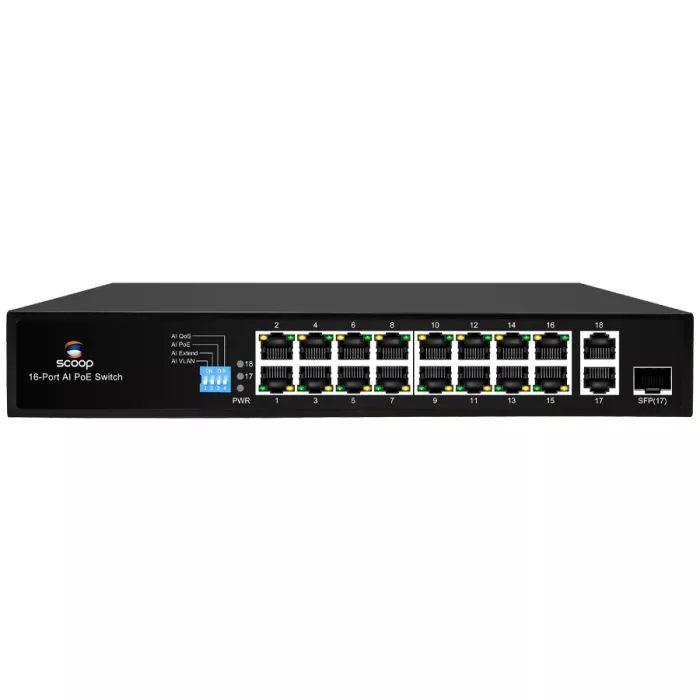 Scoop 16 Port Fast Ethernet AI PoE 150W 2 Gigabit 1SFP Switch