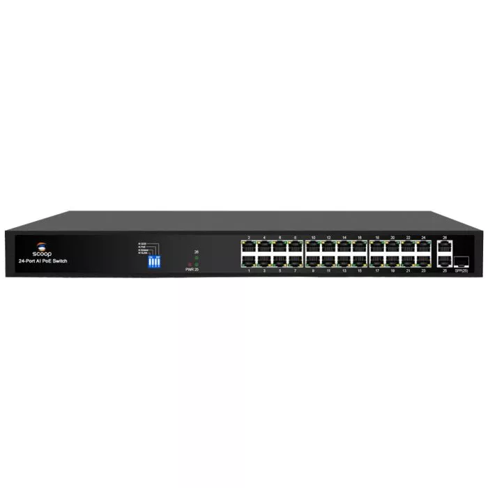 Scoop 24 Port Fast Ethernet AI PoE 250W 2 Gigabit 1SFP Switch